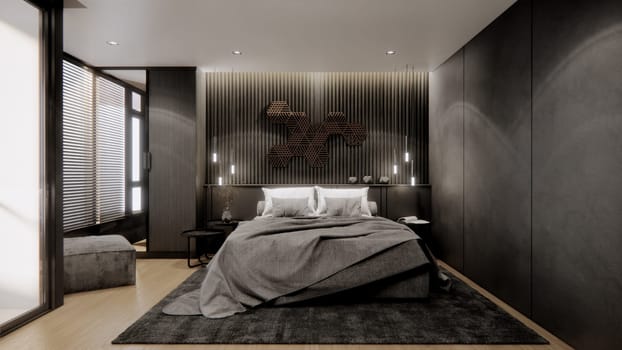 interior of modern black bedroom with double bed, 3D rendering