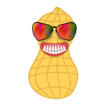 Cartoon Peanut Icon with Sunglasses and Braces Teeth Isolated on White Background. Medical Braces Teeth. Dental Care Background. Orthodontic Treatment. Cartoon Opening Mouth.