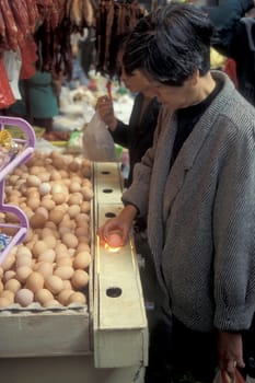 fresh egg at the meat and animal Market in the city of Guangzhou in the province of Guangdong in china in east asia.   China, Guangzhou, April, 2000