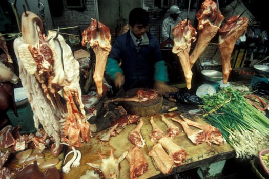 fresh meat at the meat and animal Market in the city of Guangzhou in the province of Guangdong in china in east asia.   China, Guangzhou, April, 2000