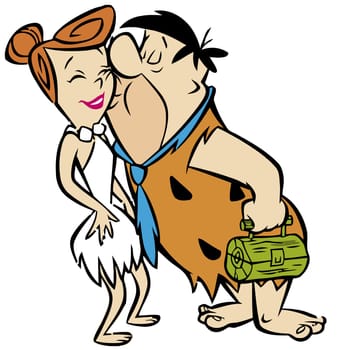 Fred and wilma couple kiss Flintstones romantic illustration editorial
