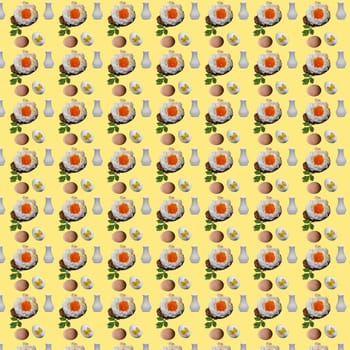 Seamless pattern with repeating breakfast objects. Orsini egg, whole eggs and salt shaker on a yellow background.