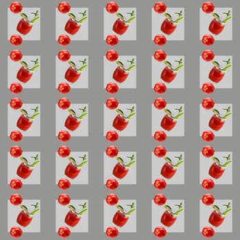 Seamless repeating pattern of glasses with tomato juice and fresh tomatoes.Seamless repeating pattern of glasses with tomato juice and fresh tomatoes on a gray background.