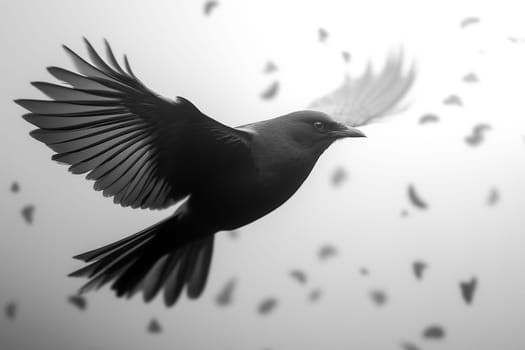 A crow, wings outstretched, soars through the air. Its flight is graceful, a testament to nature's beauty.