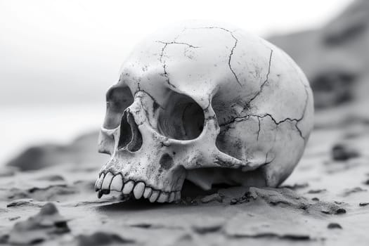 A weathered skull rests on the ground. Its cracked surface and earthly setting suggest a passage of time. Nature reclaims what was once living.
