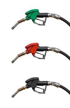 Refueling hoses isolated on white close up. Red green yellow color fuel gasoline dispenser background. Petrol price goes down after pandemic coronavirus. low price of fuel.