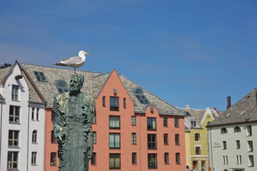 ALESUND, NORWAY - MAY 29, 2017: Buildings architecture Jugendstil (or better known as Art Nouveau). City of Alesund in Norway  was rebuild completely in 1904 to 1907.