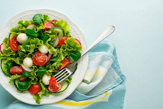 Healthy Green salad meal with mozzarella cheese and tomato on blue table background