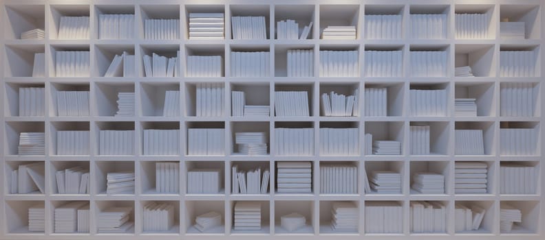 Old and modern books together in the personal library with big white bookshelf under hot and cold light effect 3D rendering