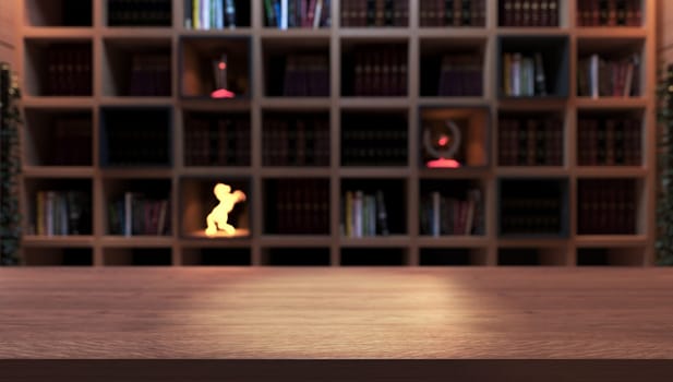 Wooden empty desk front of black bookshelf with modern and classic books from library deep of field effect 3D rendering