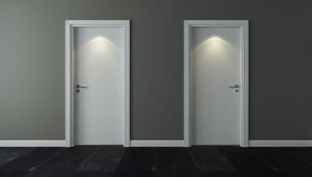 two white door under spot light with wall and black stone floor 3D rendering