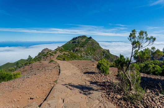 Hiking trail passage from mountain Pico Arieiro to Pico Ruivo, Madeira.
