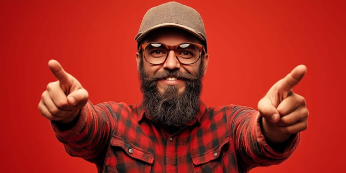 Man with beard and glasses points, smiling confidently. He's wearing a red plaid shirt and a cap. Likely a promotional image.
