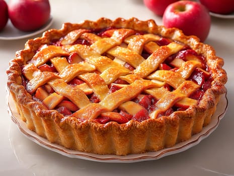 A delicious-looking apple pie, with a lattice top, sits on a plate. The pie's filling is visible, and the golden crust is baked to perfection. It's a perfect autumnal treat.