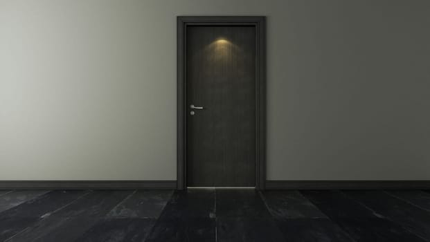 Black wooden door under spot light with wall and black stone floor 3D rendering