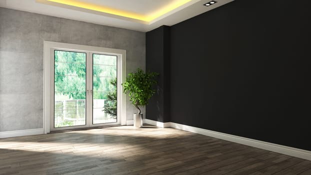 black and concrete wall empty room interior design with wooden floor and plant 3d rendering