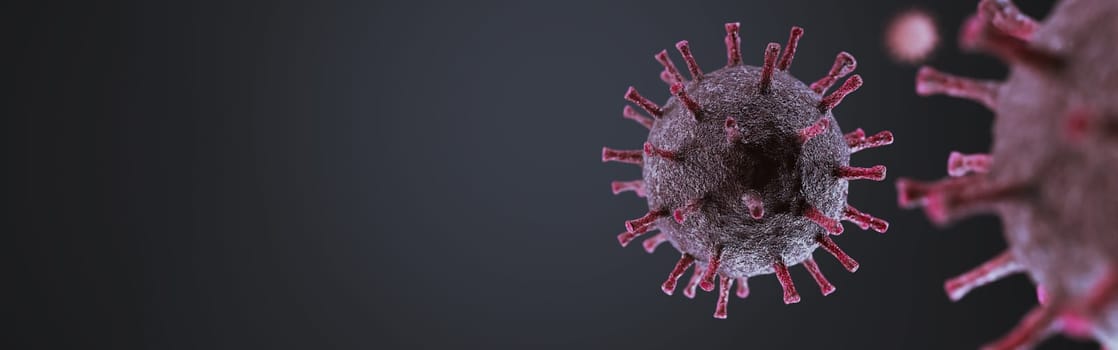 Dangerous Pandemic red coronavirus covid-19 flu 3D rendering with dark background banner and deep of field effect.