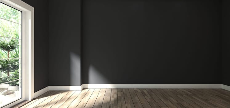 black wall empty room interior design with wooden floor 3d rendering