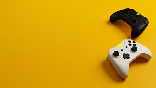 Game competition. White and black joystick with yellow background 3D rendering
