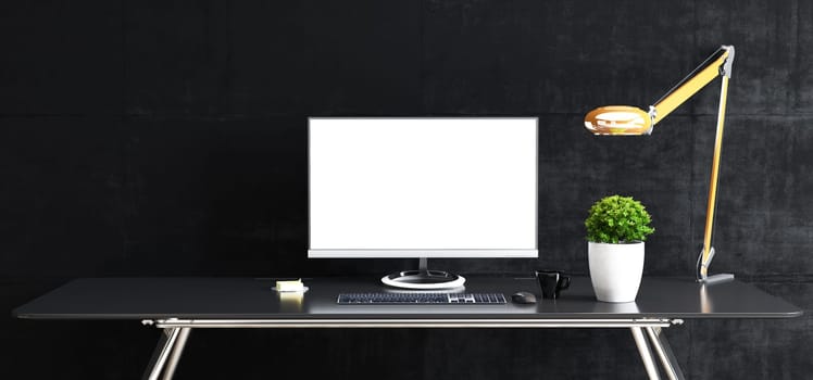 Work space stand mock up with table and plant, computer, keyboard, mouse  cup  sticker, table lamp front black concrete wall 3D rendering