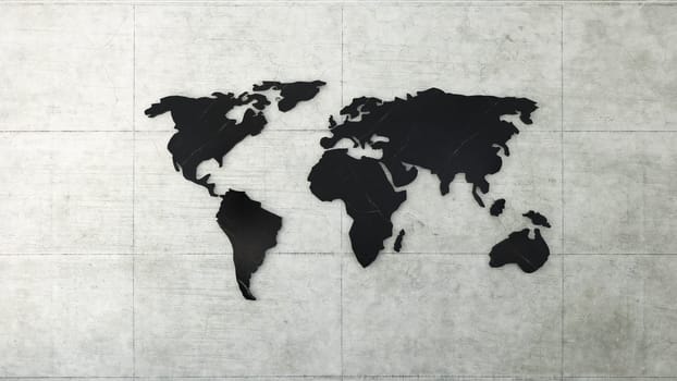 Black marble world map on concrete wall 3D rendering