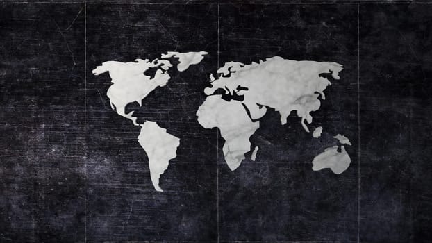 White marble world map on dark dirty concrete wall 3D rendering