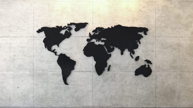 world map on concrete wall under spot light 3D rendering