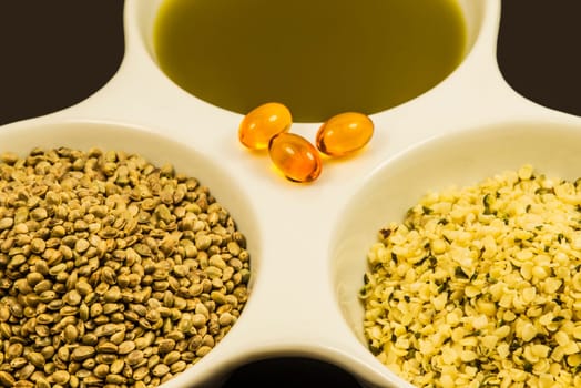 hemp seeds peeled and unpeeled, hemp oil capsules and hemp oil