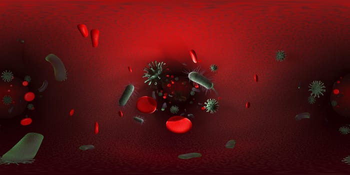 3d rendering Microscope virus bacteria close up.  Equirectangular  360 VR image.  The medical panoramic background.