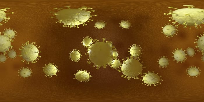 3d rendering Microscope virus- bacteria close up.  Equirectangular  360 VR image.  The medical panoramic background.