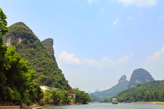 Great view of the mountains and the river on a clear sunny day, Yangshuo, China, Asia