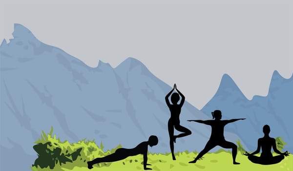Women silhouettes doing yoga exercises in a nature vector illustration. Activity outdoors meditation and relaxation in the natural scenery. Active lifestyles
