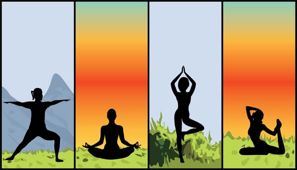 Women doing yoga exercises in a nature vector illustration. Activity outdoors meditation and relaxation in the natural scenery. Active lifestyles