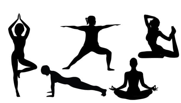 Women doing yoga exercises silhouettes vector illustration on a white background isolated. Activity outdoors meditation and relaxation. Active lifestyle concept