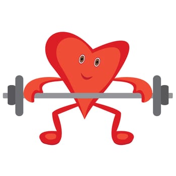 Heart doing Morning cardio exercises lift barbell for a healthy heart concept. Cartoon heart doing morning exercise vector illustration on a white background isolated