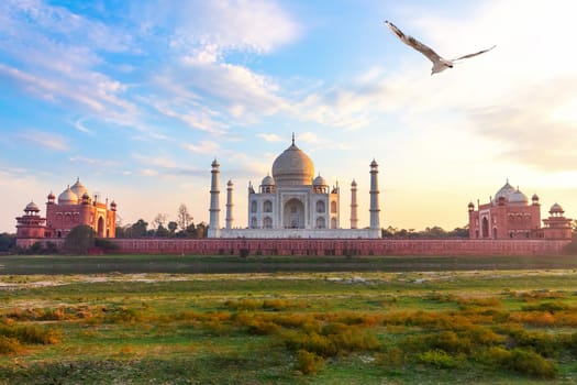 Taj Mahal, view from the Yamuna river, Agra, India.