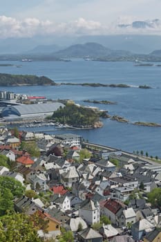 The bird's eye view of Alesund port town on the west coast of Norway, at the entrance to the Geirangerfjord.
