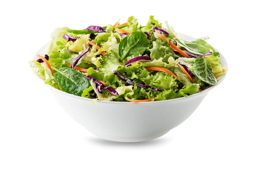 Green lettuce salad with fresh vegetables isolated on white background