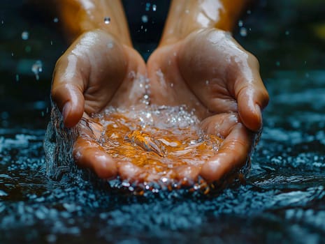 Hands cupped, catching water cascading from a stream. Nature's flow, captured in a moment.