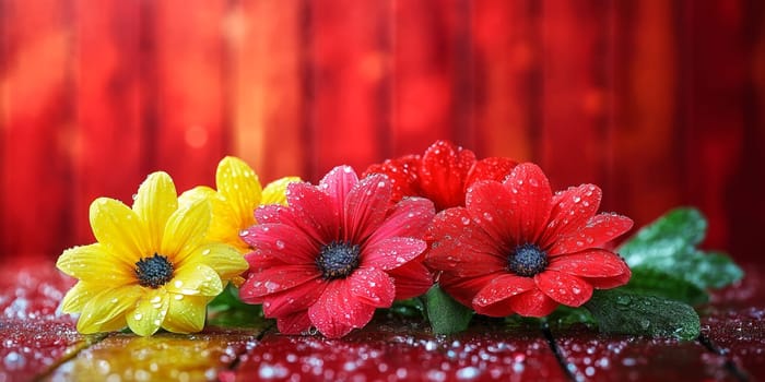 Vibrant yellow and red flowers, covered in dew drops, rest on a dark wooden surface. The beauty of nature is captured.