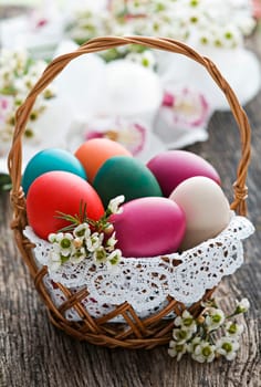 Close up of colorful Easter eggs in a basket