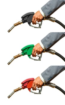 Refueling hoses isolated on white close up. Holding red green yellow color fuel gasoline dispenser background. Petrol price goes down after pandemic coronavirus. low price of fuel.