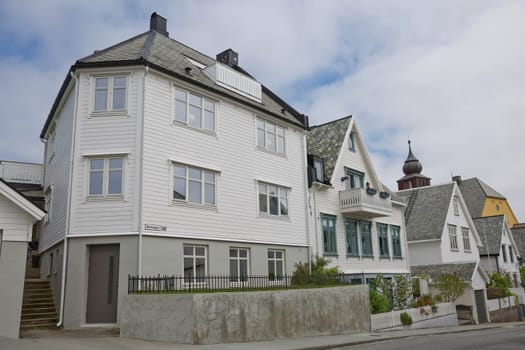 ALESUND, NORWAY - MAY 29, 2017: Buildings architecture Jugendstil (or better known as Art Nouveau). City of Alesund in Norway  was rebuild completely in 1904 to 1907.