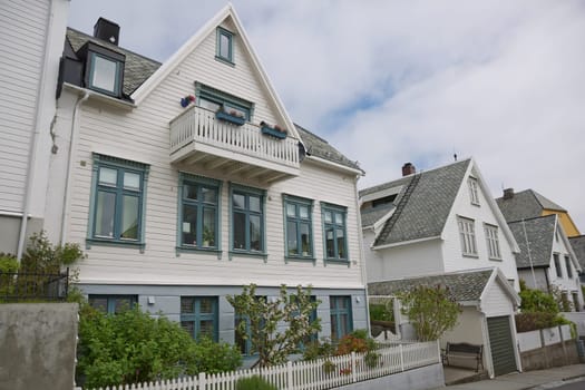ALESUND, NORWAY - MAY 29, 2017: Buildings architecture Jugendstil (or better known as Art Nouveau). City of Alesund in Norway  was rebuild completely in 1904 to 1907.