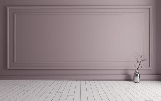 Empty room with Modern classic pink wall panels, metalic vase, dry plant and white wooden floor 3d rendering