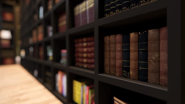 wooden bookshelf full of books from library with modern and classic books deep of field effect 3D rendering