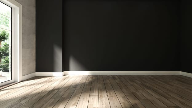 black and concrete wall empty room interior design with wooden floor 3d rendering