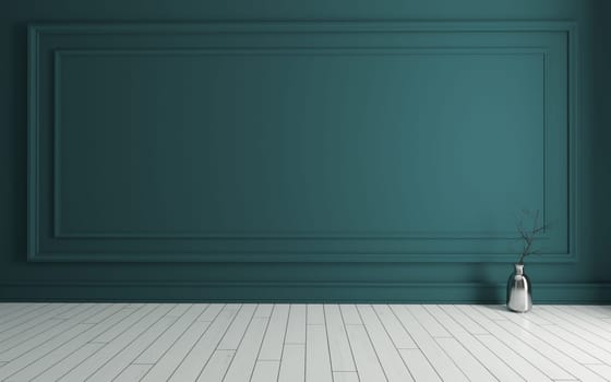 Empty room with Modern classic green wall panels, metalic vase, dry plant and white wooden floor 3d rendering