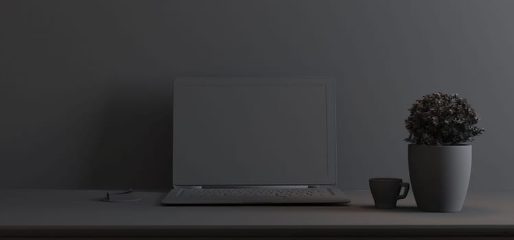 Work space stand mock up with table and plant, laptop, cup  sticker front wall single color 3D rendering