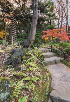 Tokyo Metropolitan Park KyuFurukawa japanese garden's stone stairs in the forest of maples and pines leading to a giant fifteen storied stone pagoda Kuyoto which symbolizes the thirteen Buddhist deitys prayed during the funeral calendar.